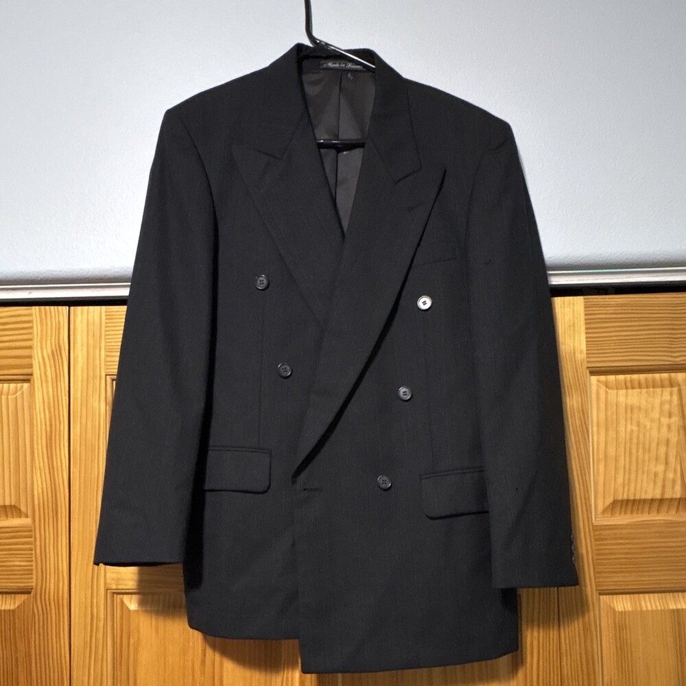 Pierre Balmain Men's Black Wool Double-Breasted Suit Jacket 39R Inner Pockets